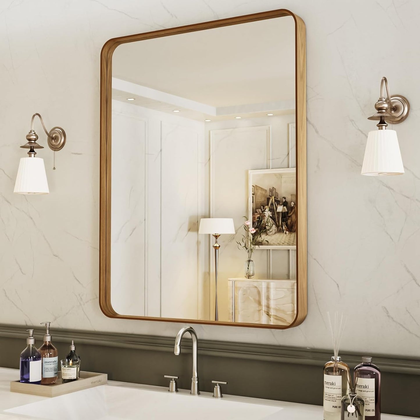 30X36 Inch Bathroom Mirror with Wood Grain Metal Frame