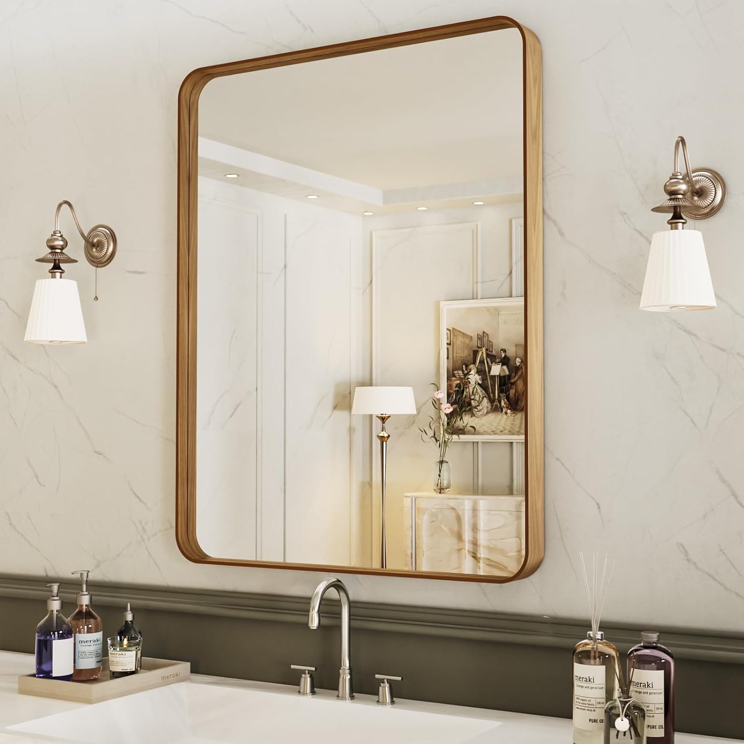 30X36 Inch Bathroom Mirror with Wood Grain Metal Frame