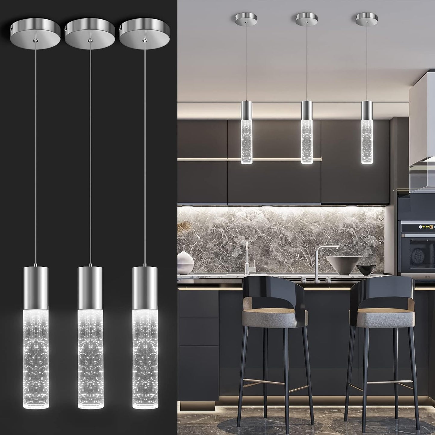 Modern Pendant Lights for Kitchen Island, Chrome Bubble Design