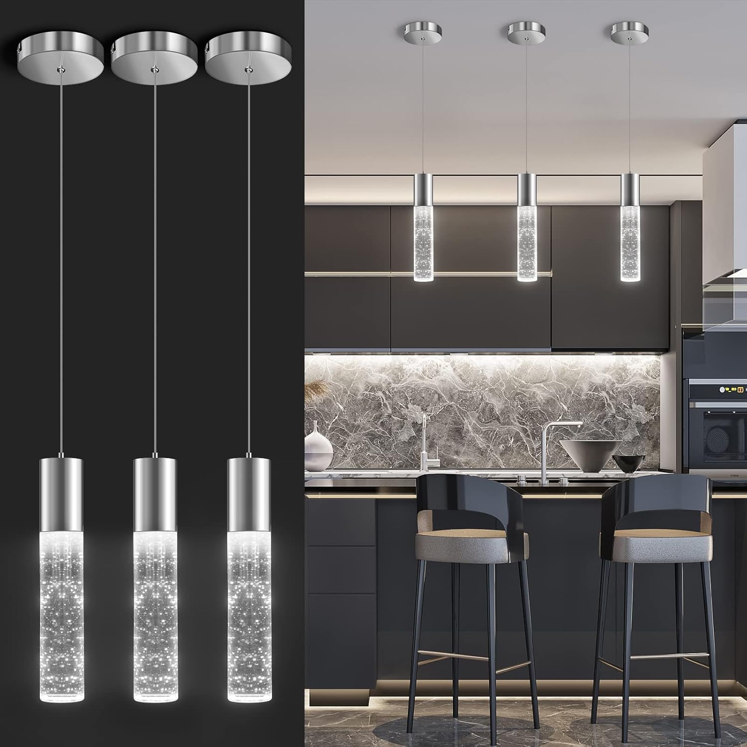 Modern Pendant Lights for Kitchen Island, Chrome Bubble Design