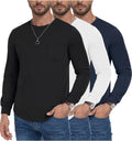 Men's Long Sleeve Pure Cotton Pocket Tee 3 Pack - Lightweight Basics
