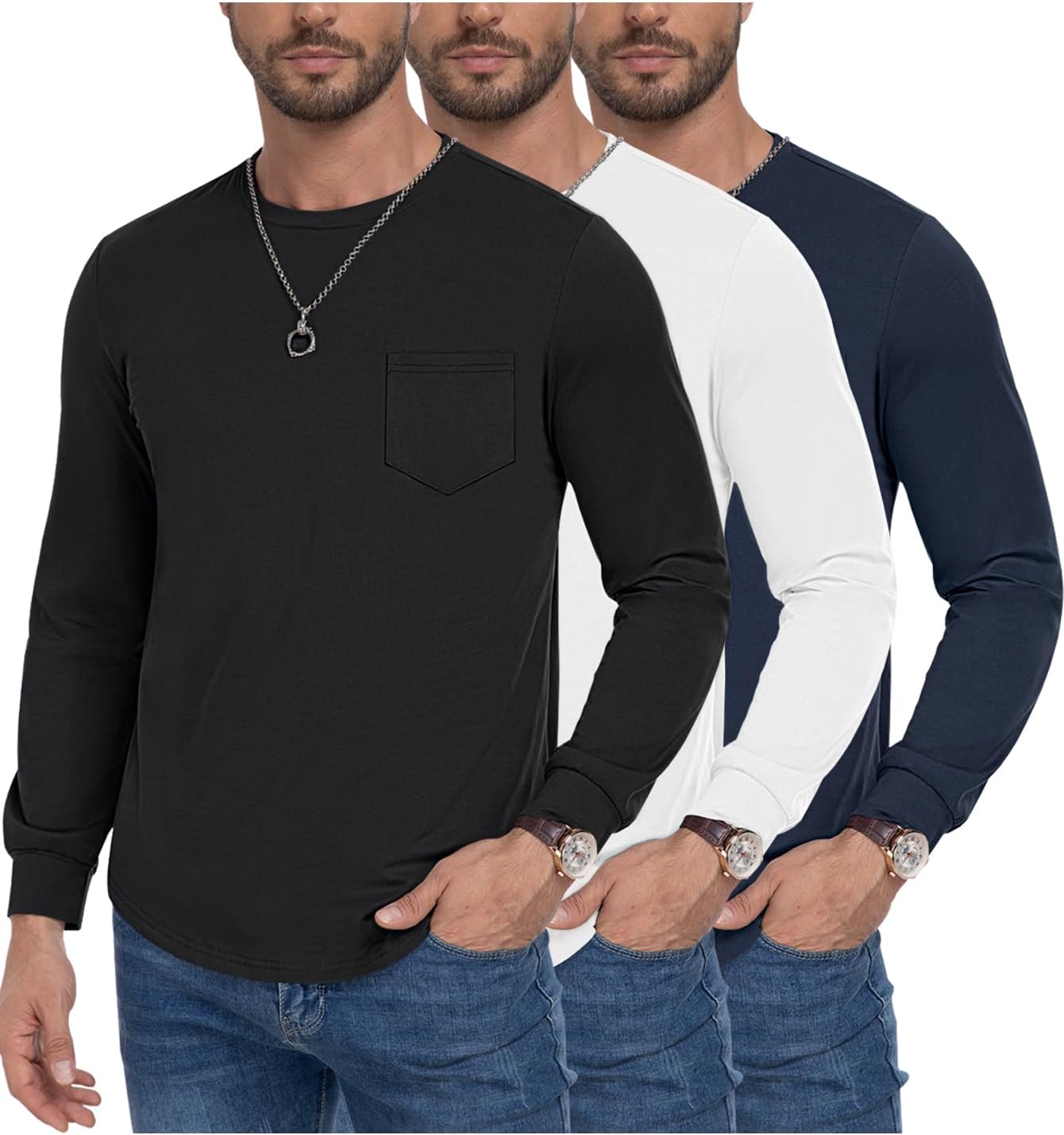 Men's Long Sleeve Pure Cotton T-Shirt 3 Pack Casual Shirts