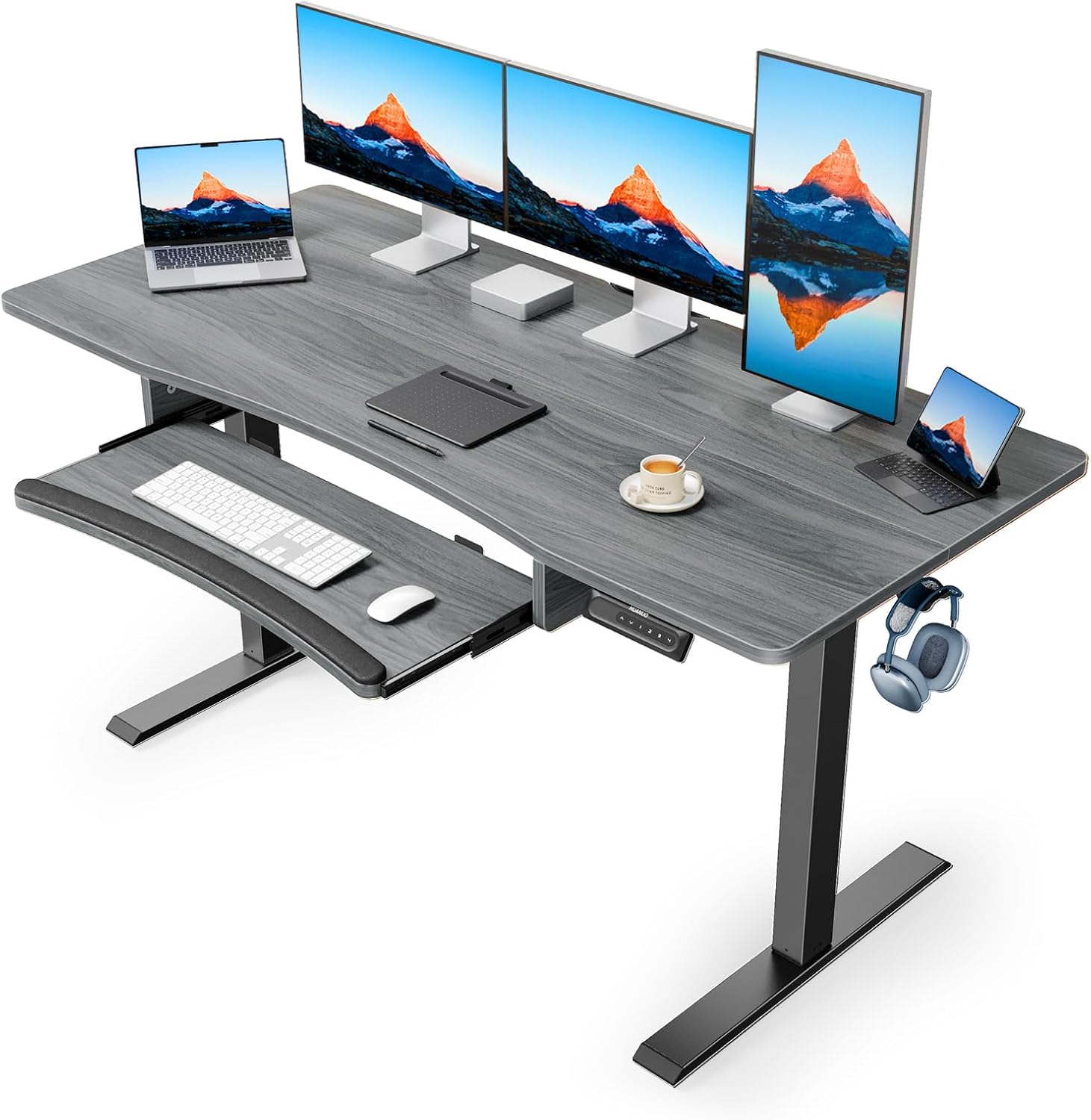 HUANUO 55 Electric Standing Desk - 4 Memory Height Settings, Spacious Keyboard Tray - Boost Productivity!