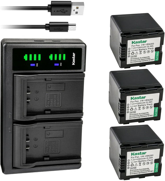 Kastar 3-Pack VW-VBN260 Battery and USB Charger for Panasonic