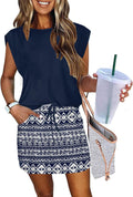 Womens Cap Sleeve Summer Dress Crew Neck Tie Front A-Line Mini ETCYY