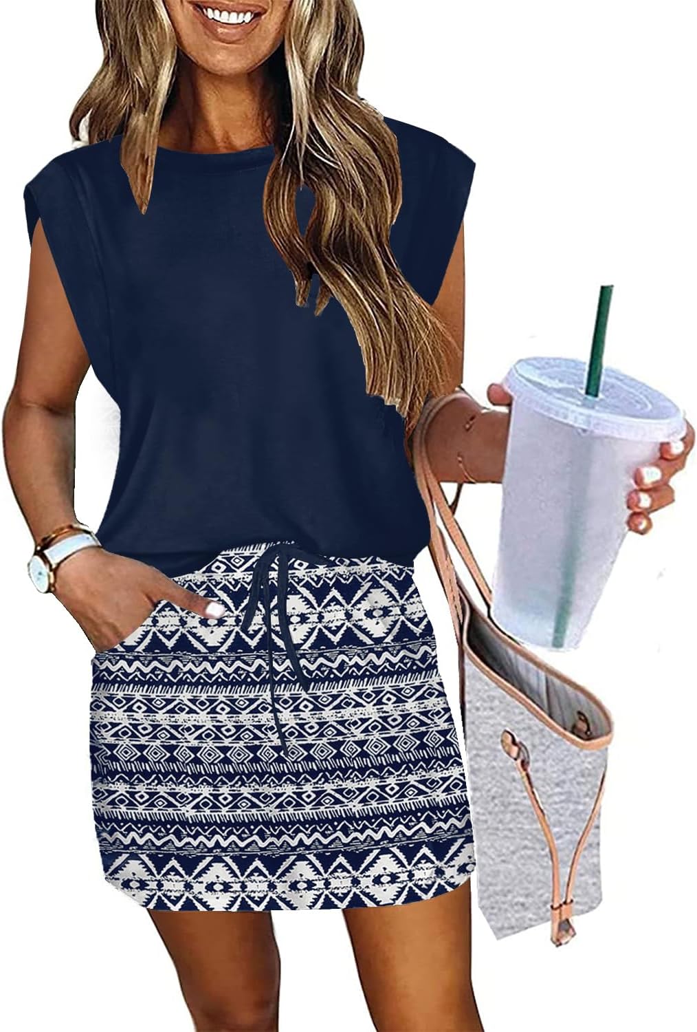 ETCYY NEW Womens Cap Sleeve Summer Dress with Tie Front Design