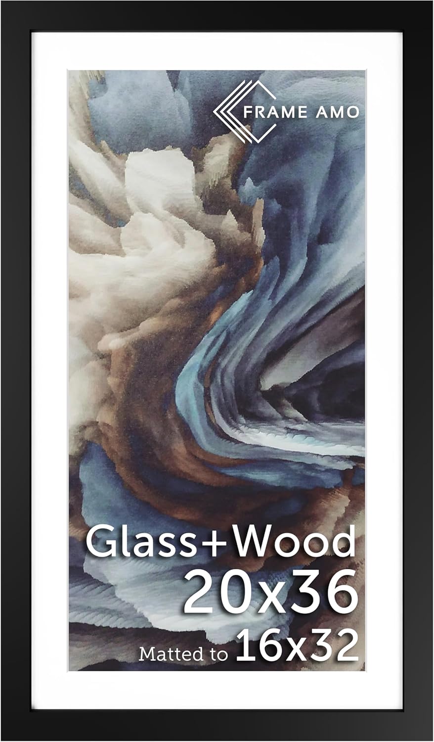 Black Solid Wood Poster Frame with White Mat for 16x32 Images
