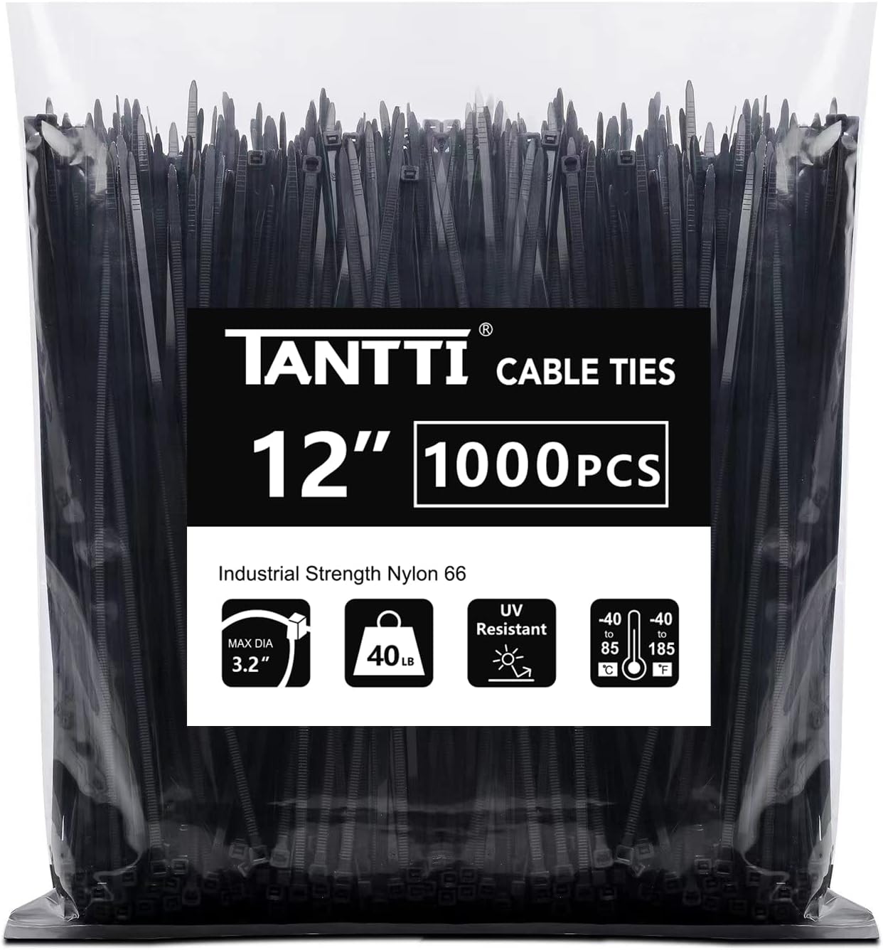 1000 Pack 12 Black Zip Ties, Self-Locking for Indoor & Outdoor Use by Tantti