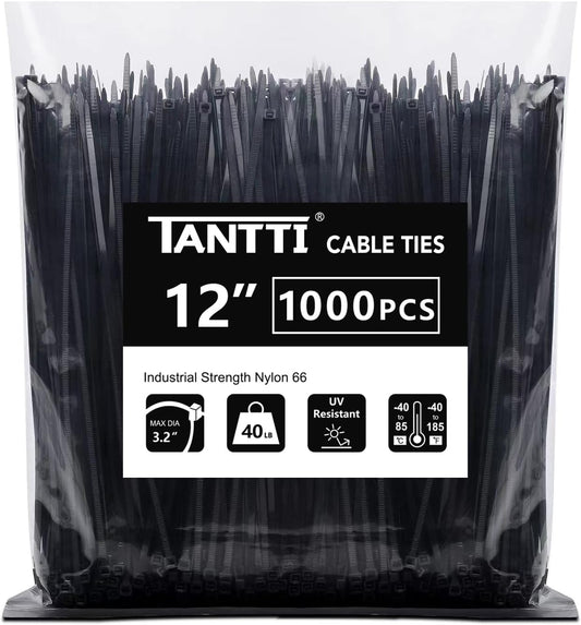 1000 Pack 12 Black Zip Ties, Self-Locking for Indoor & Outdoor Use by Tantti