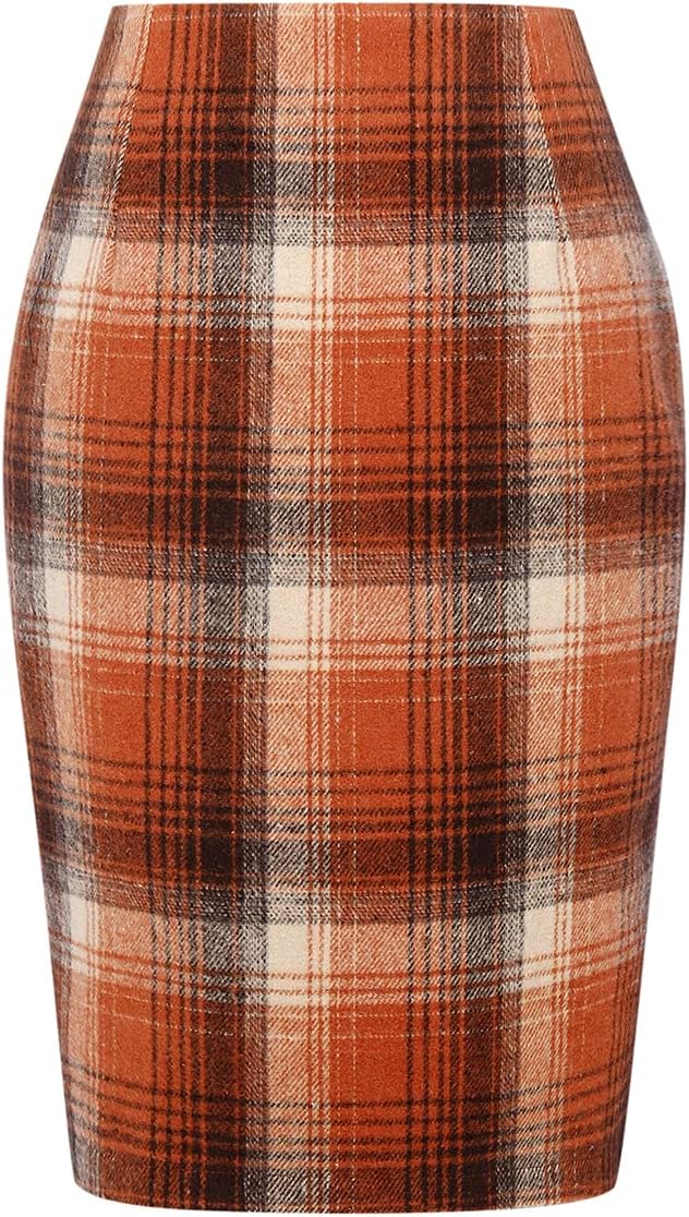 Plaid Skirts for Women Fall Winter Knee Length Pencil Wool Skirt