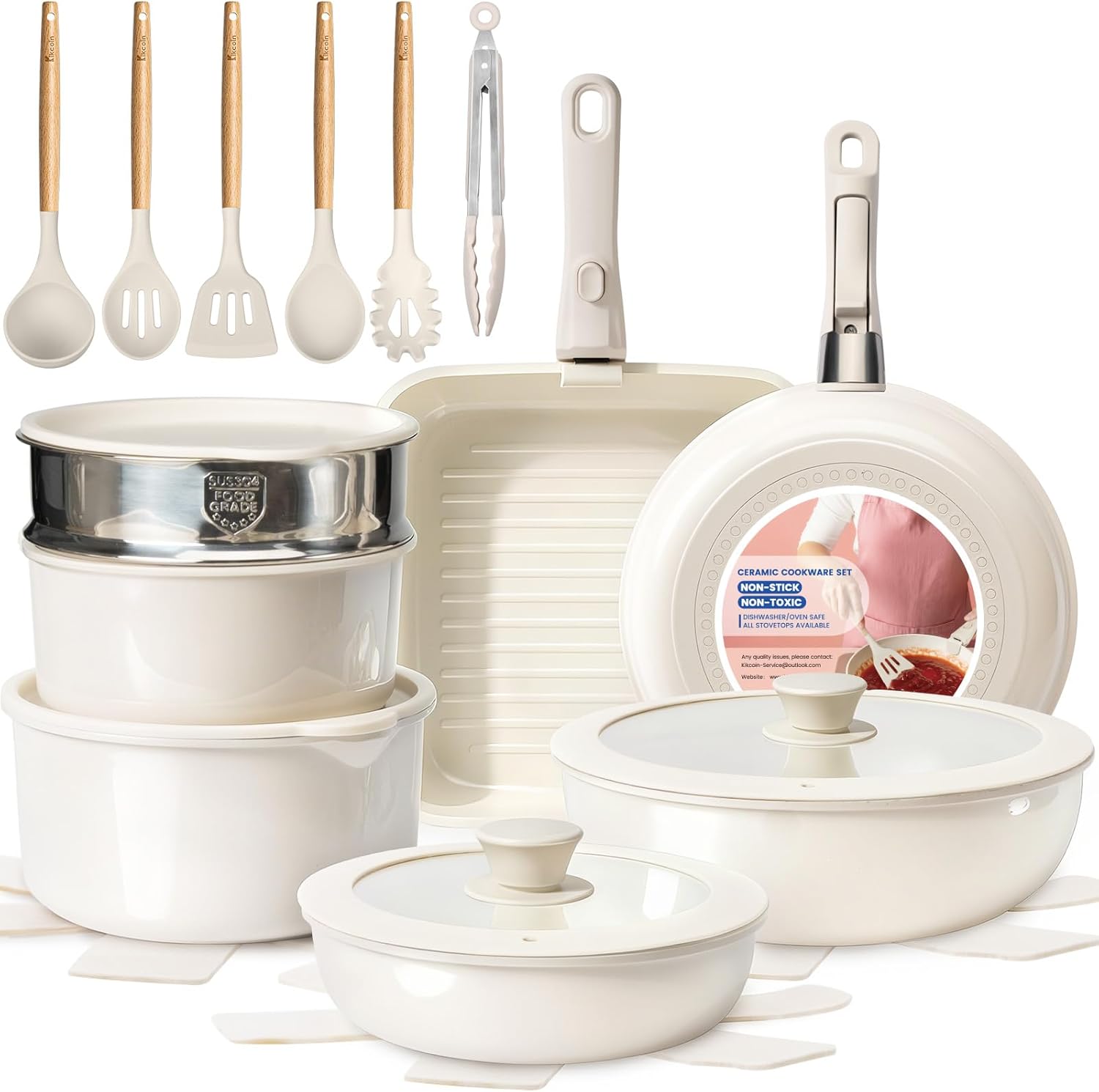 KIKCOIN Ceramic Nonstick Pots and Pans Set for Healthy Cooking