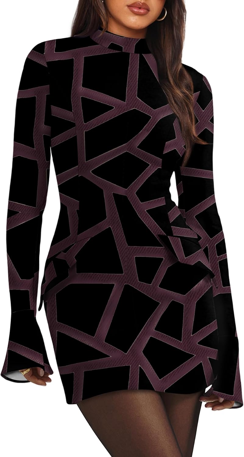 OFEEFAN Women's Fall Long Sleeve Mock Neck Bodycon Mini Dress