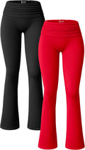 Women's Ribbed Fold Over Flared Pants - High Waist Wide Leg