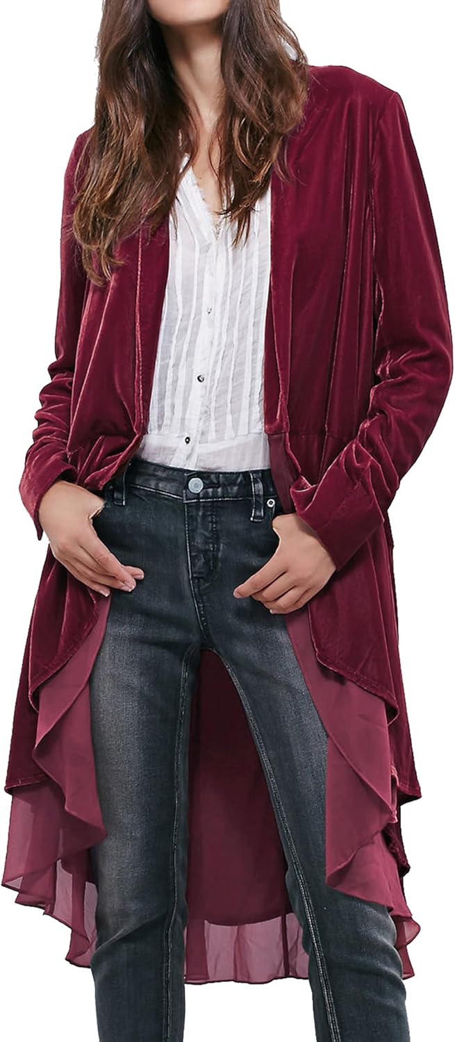 Ruffled Asymmetric Long Velvet Blazers Coat for Women