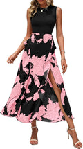 Women Sleeveless Patchwork Floral Midi Dress - Boho Ruffle Crewneck