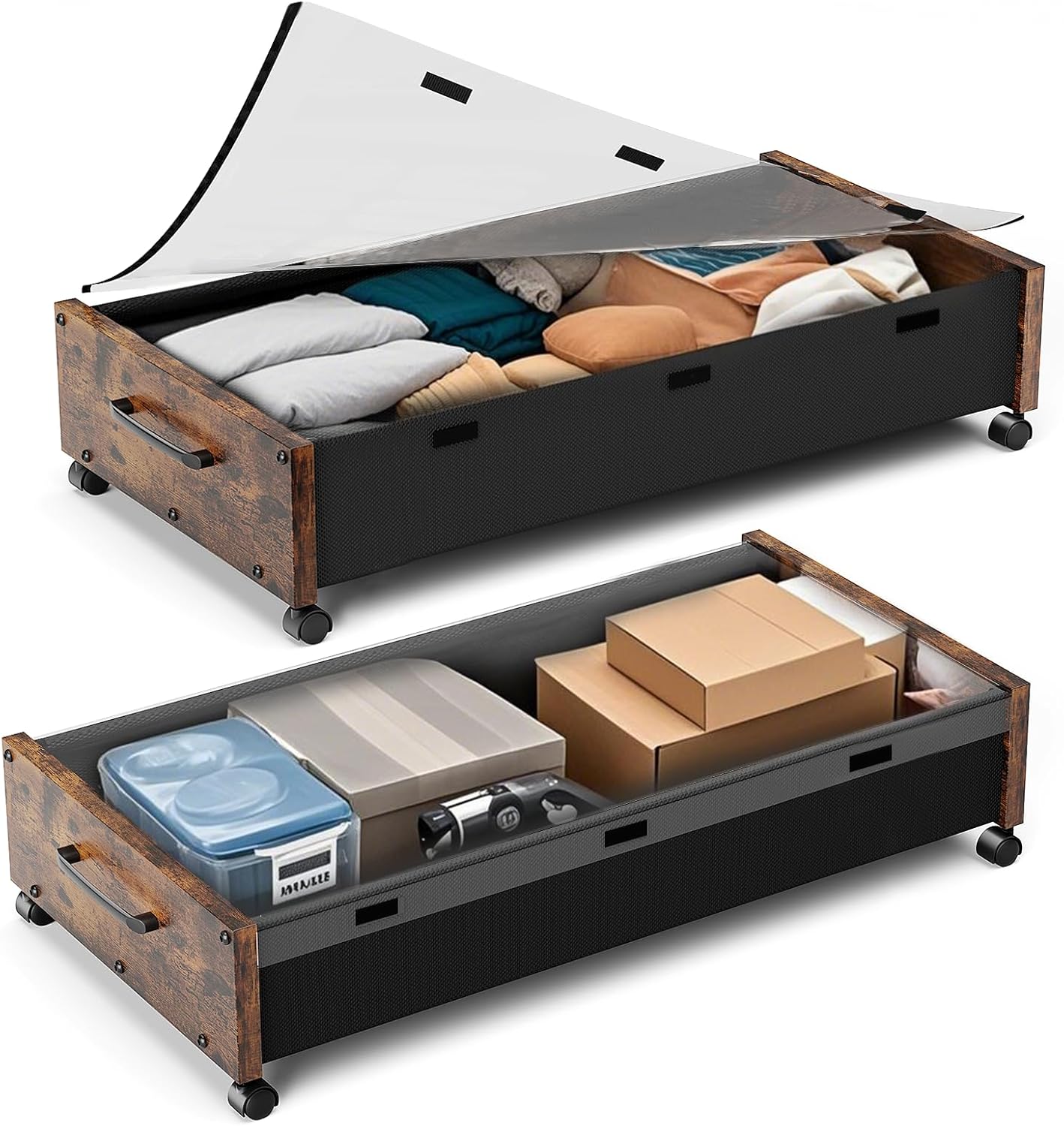 Wooden Under Bed Storage with Wheels for Clothes and Shoes