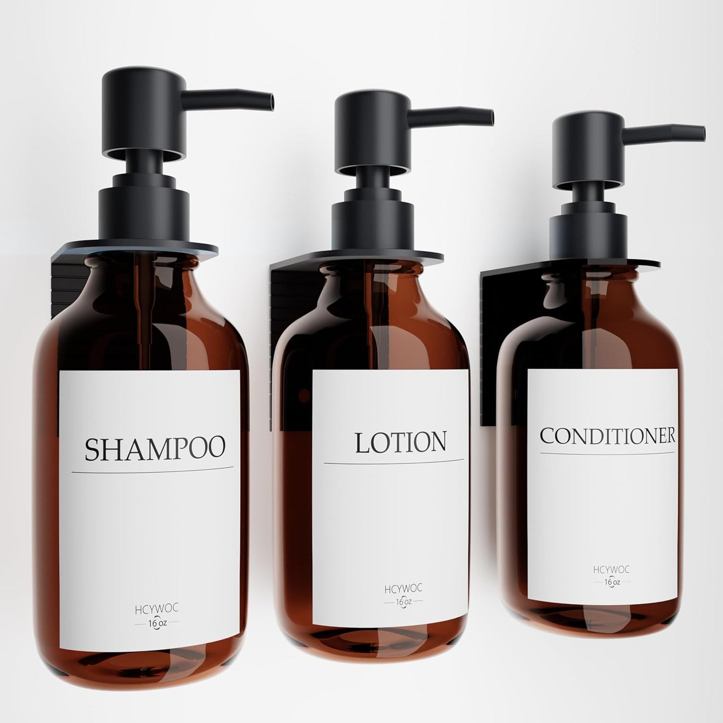 Wall-Mounted Shampoo Dispenser Set - No Drill, 16 Labels, 17oz, Amber