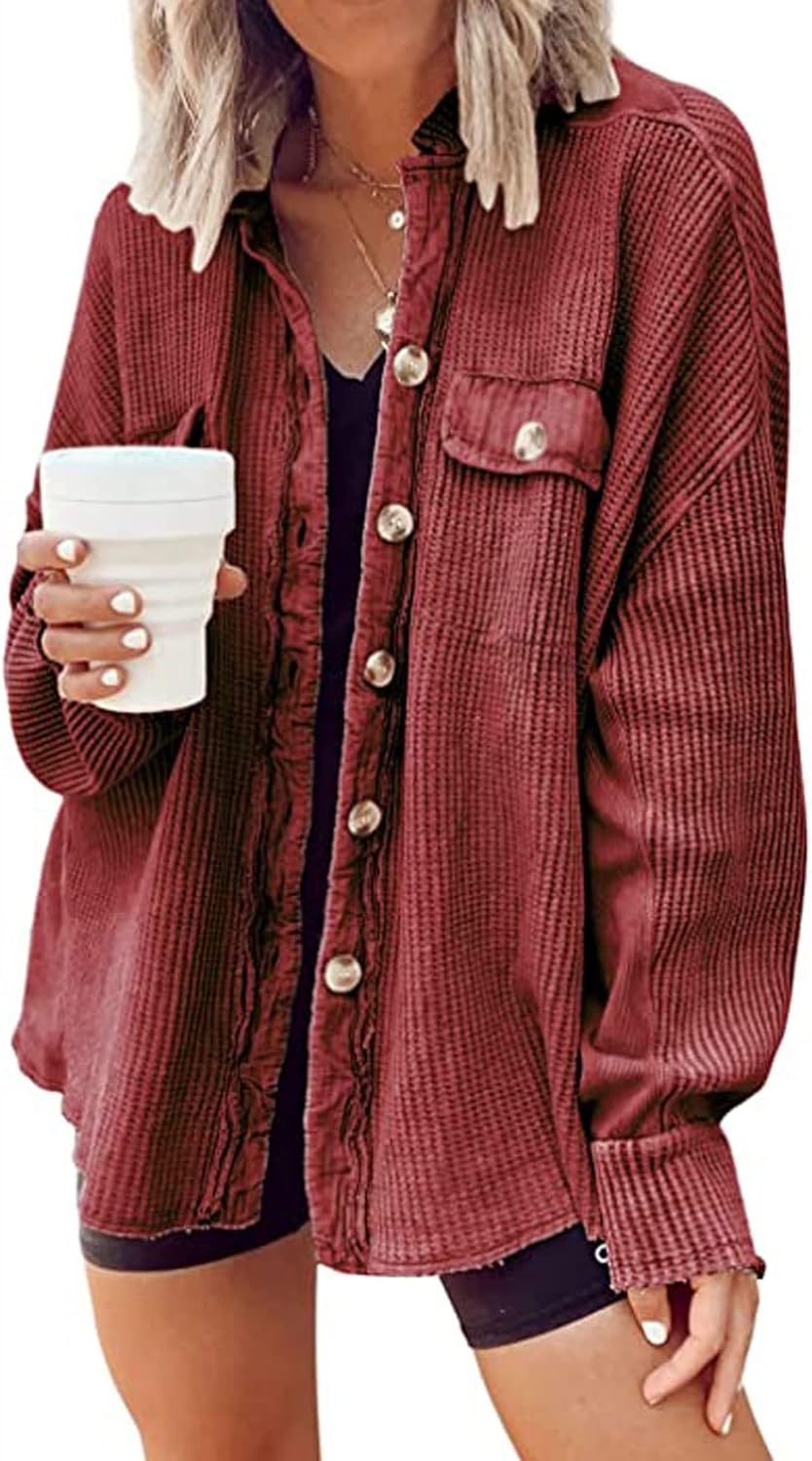 Oversized Waffle Knit Shirt for Women - Trendy Fall Shacket