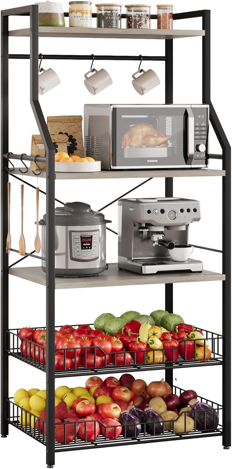 5-Tier Rustic Microwave Stand, Adjustable Feet, Anti-Tip Kit