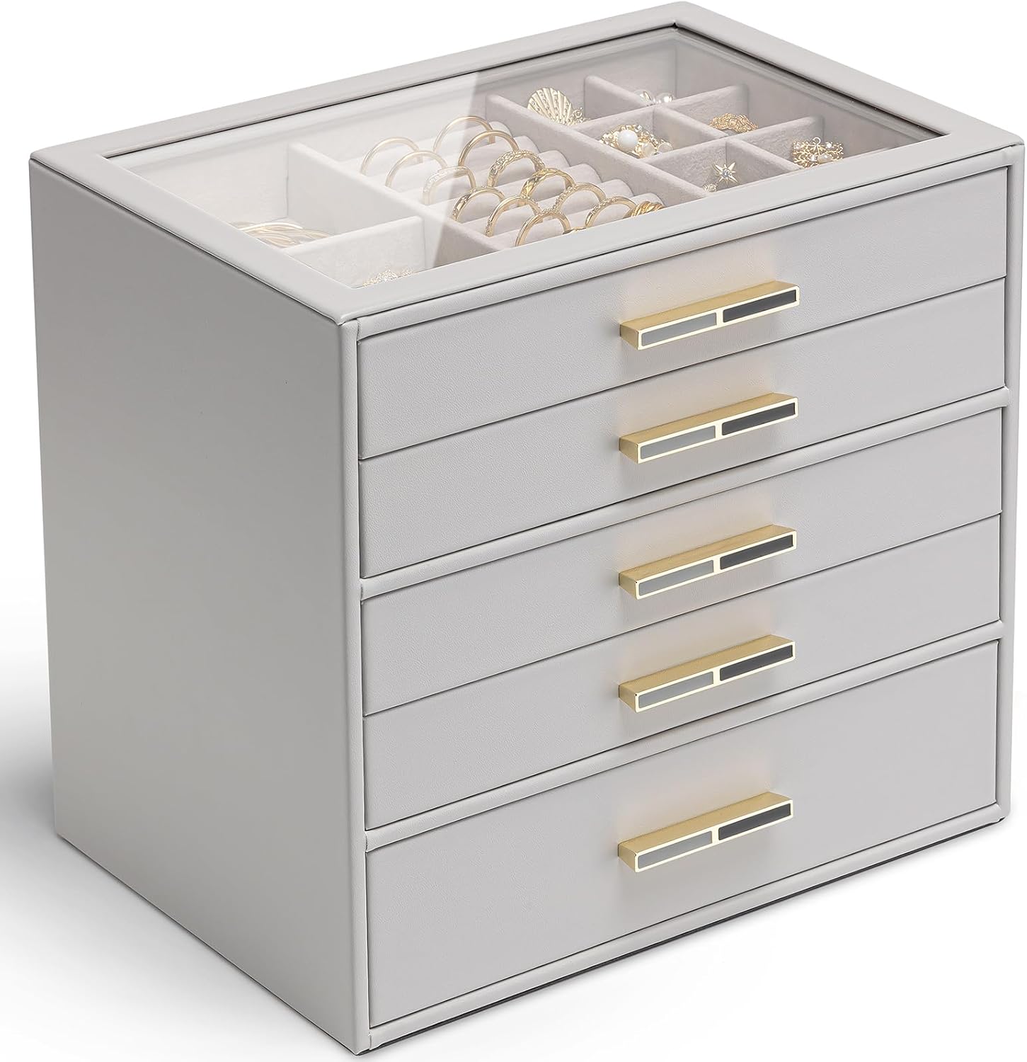 Vlando 5 Layer Jewelry Box with Glass Lid for Women - Grey