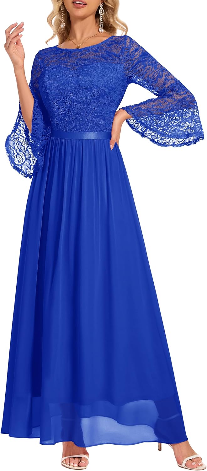 Elegant Bell Sleeve Maxi Evening Dress for Wedding Guests