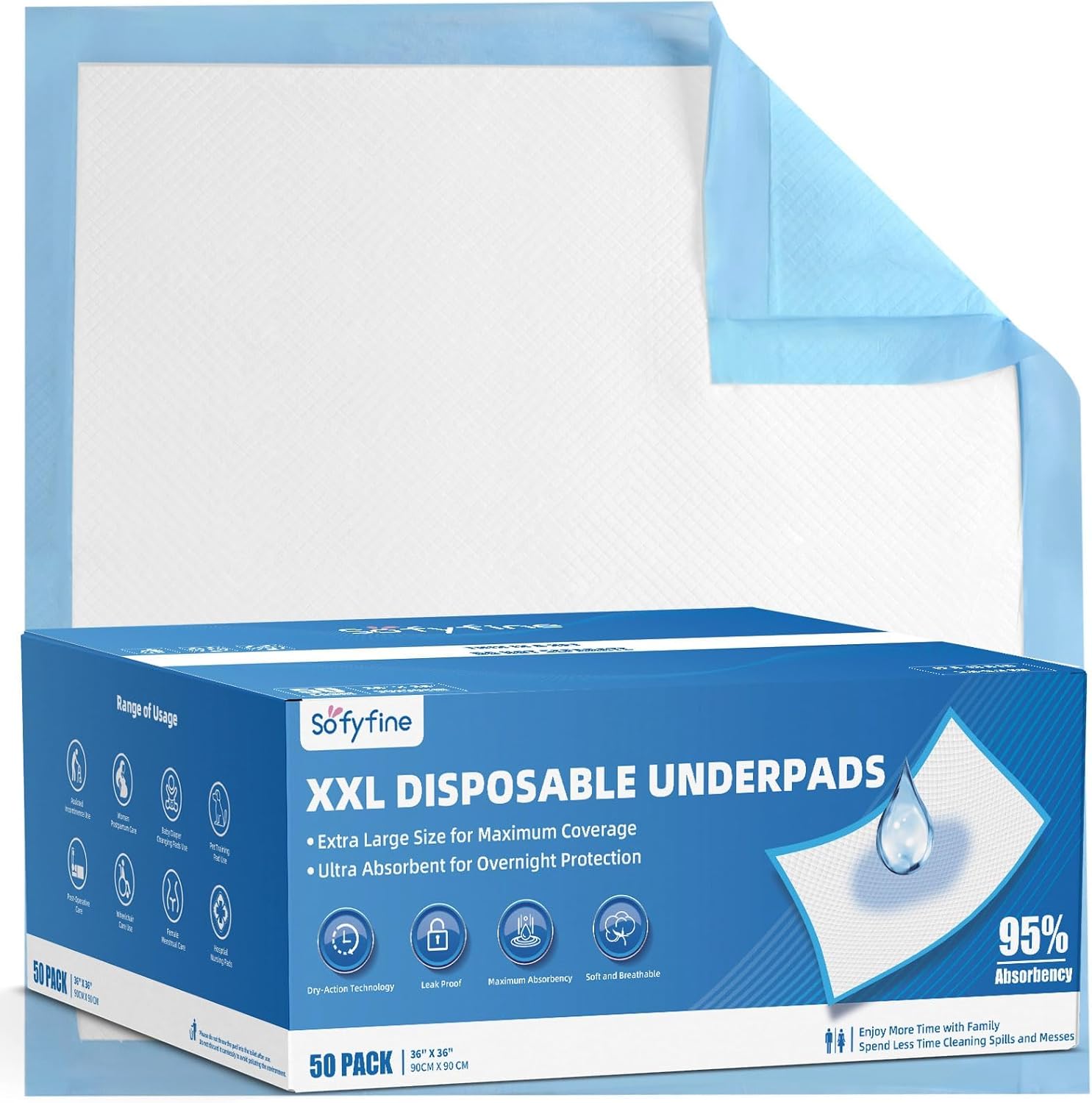 Extra Large Disposable Bed Pads for Adults and Pets - 50 Count