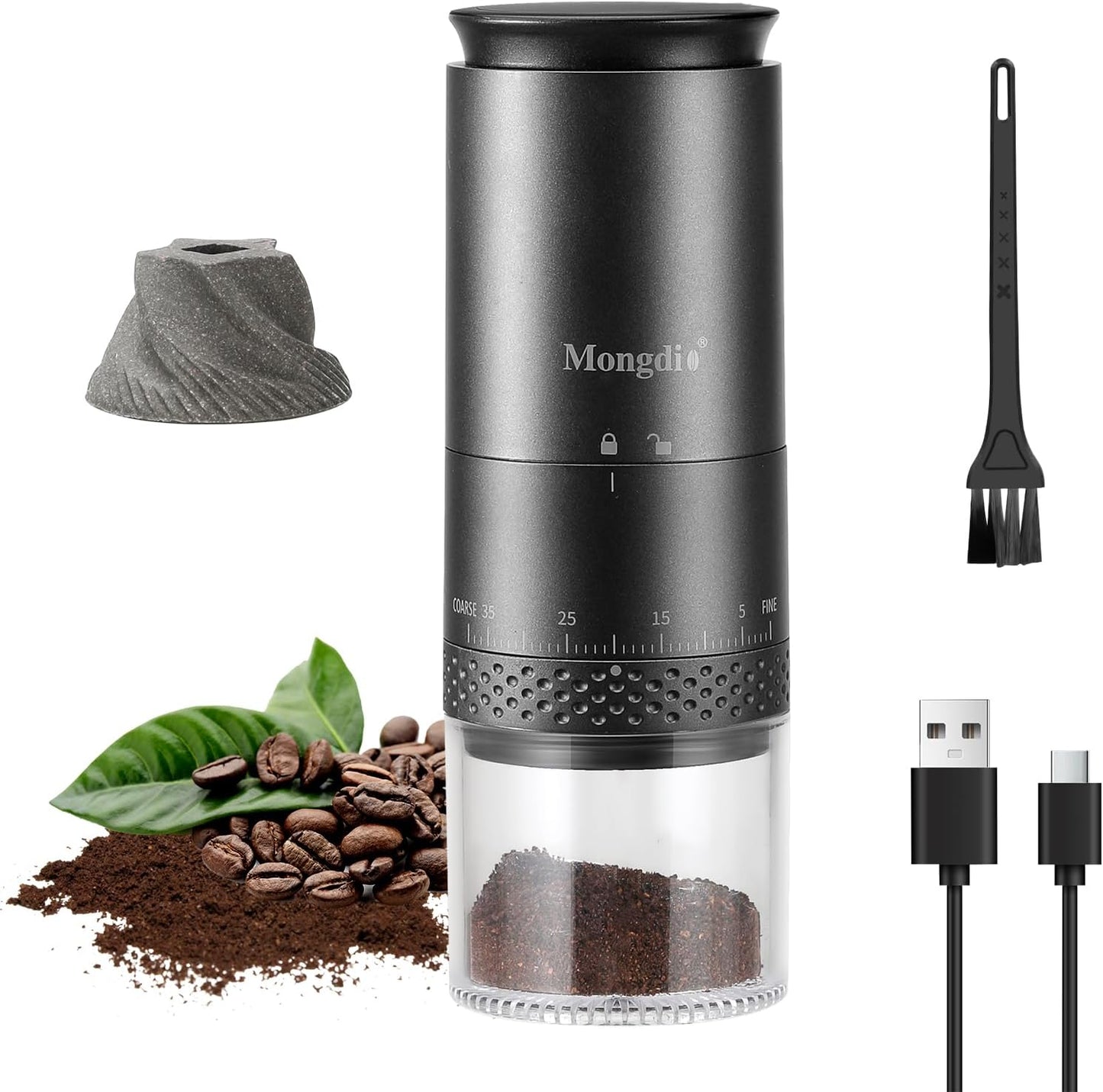 Mongdio 38-Setting Burr Coffee Grinder| LED Display, USB Charge| Superior Grinding