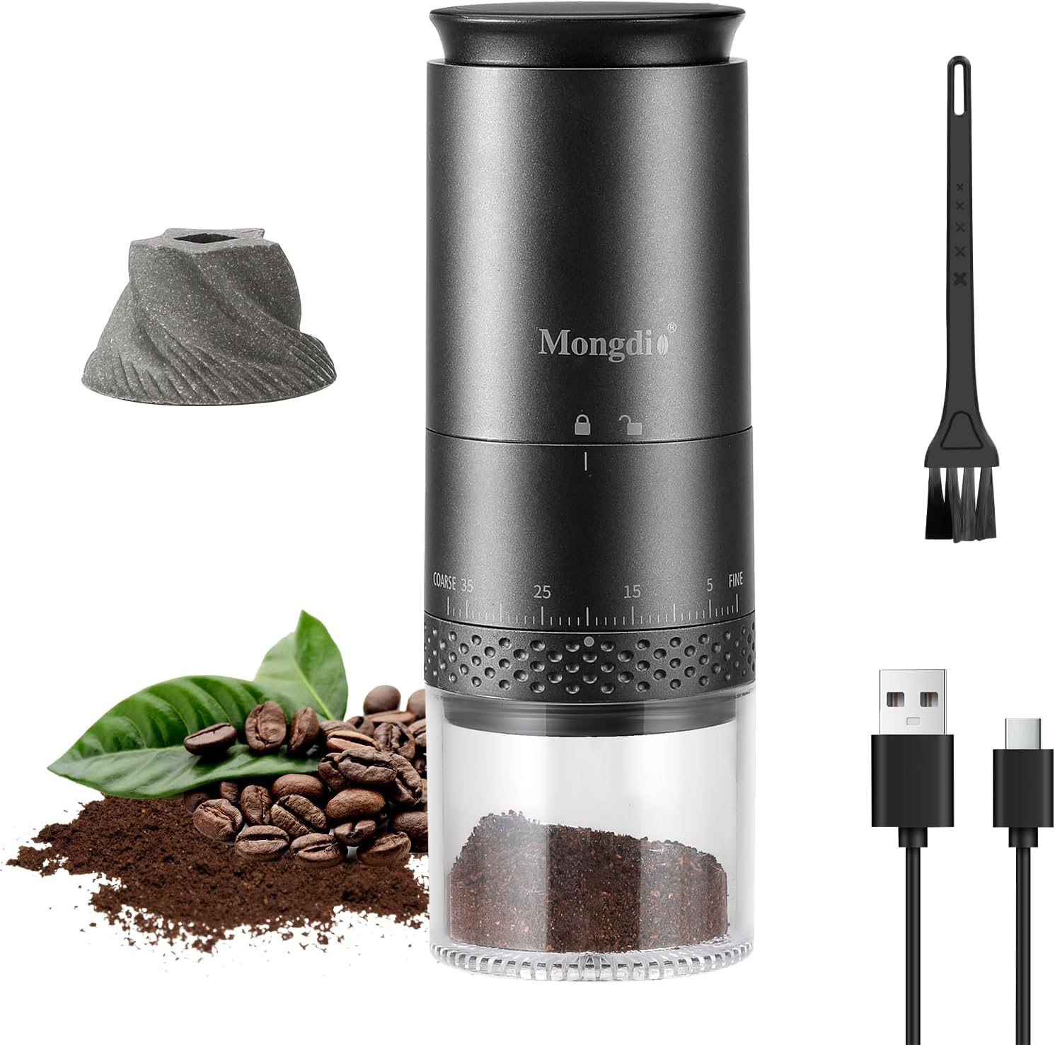 Mongdio 38-Setting Burr Coffee Grinder| LED Display, USB Charge| Superior Grinding