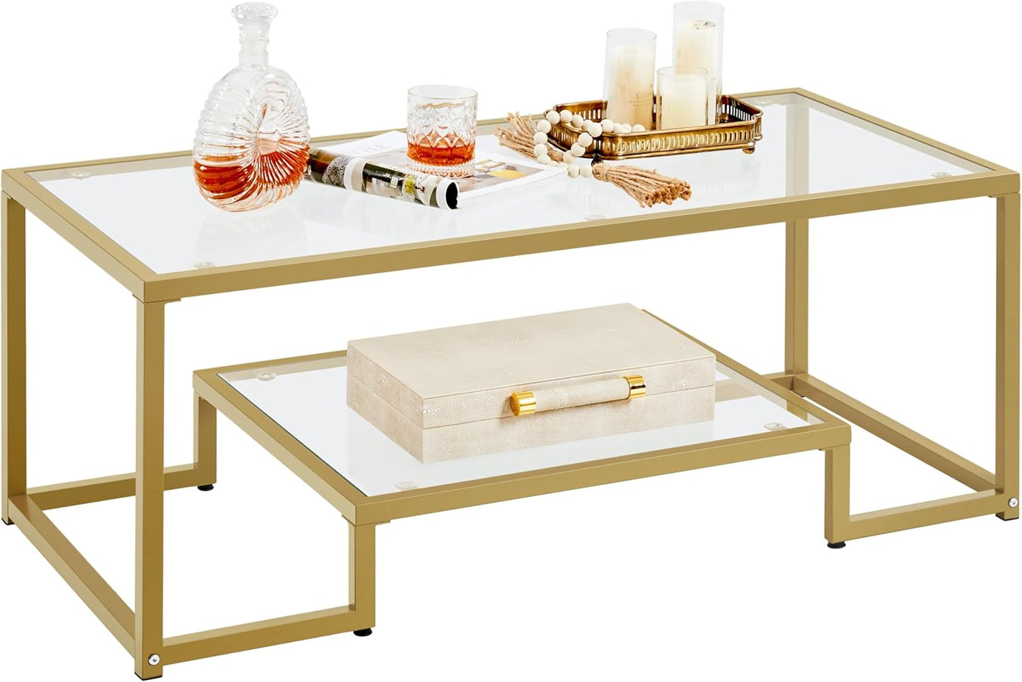 Modern 2-Tier Gold Coffee Table, Space-Saving Glass Top [Yaheetech]