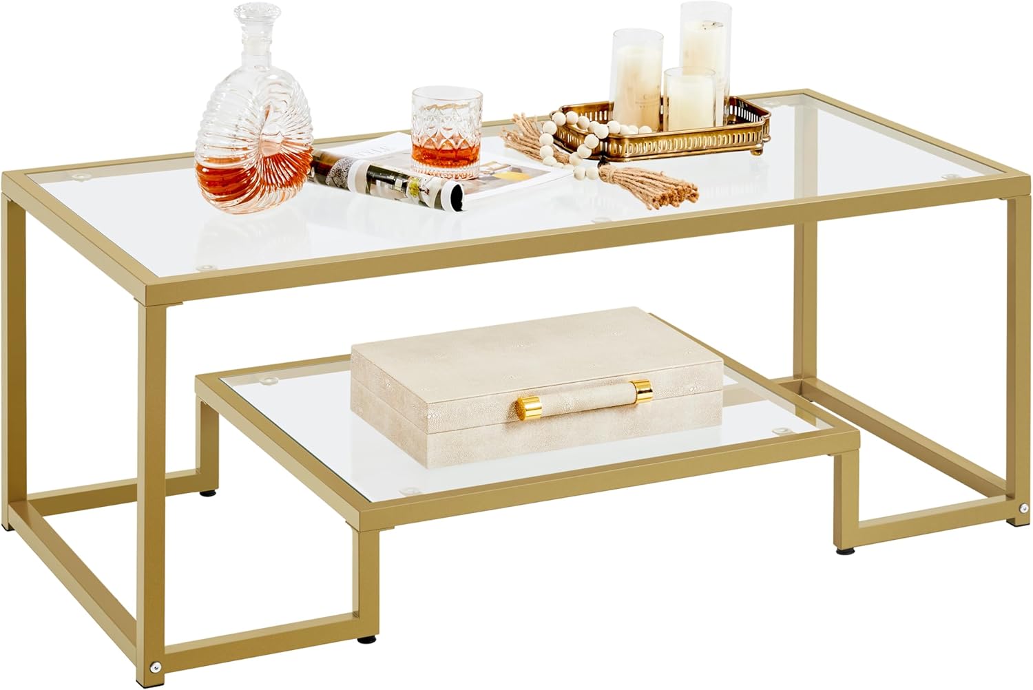 Modern 2-Tier Gold Coffee Table, Space-Saving Glass Top [Yaheetech]