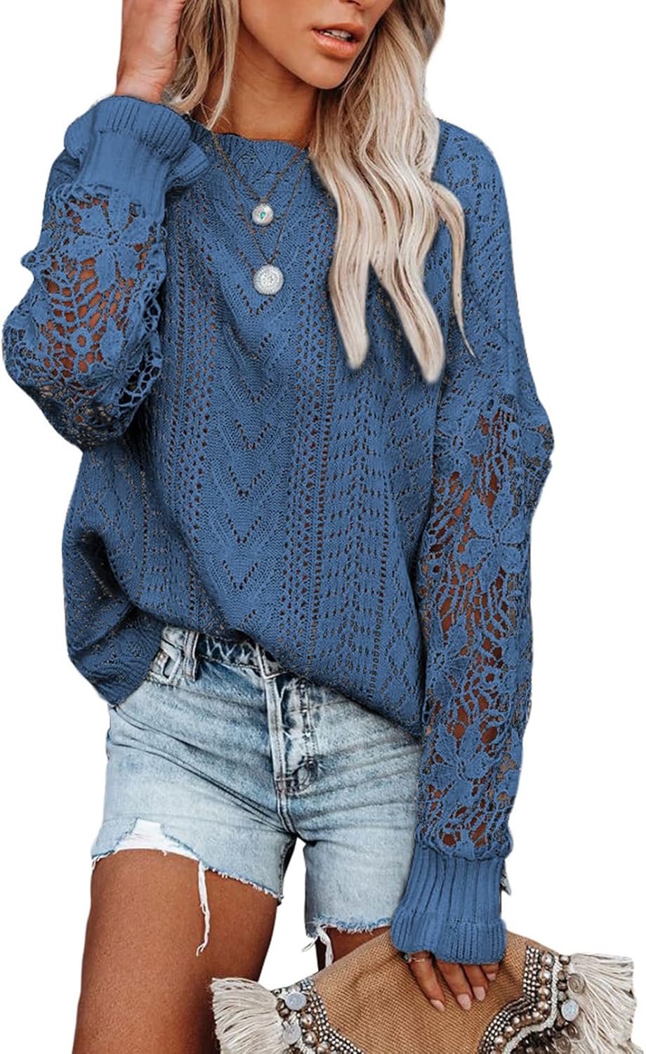 Dokotoo Womens Crochet Lace Long Sleeve Sweater for Style