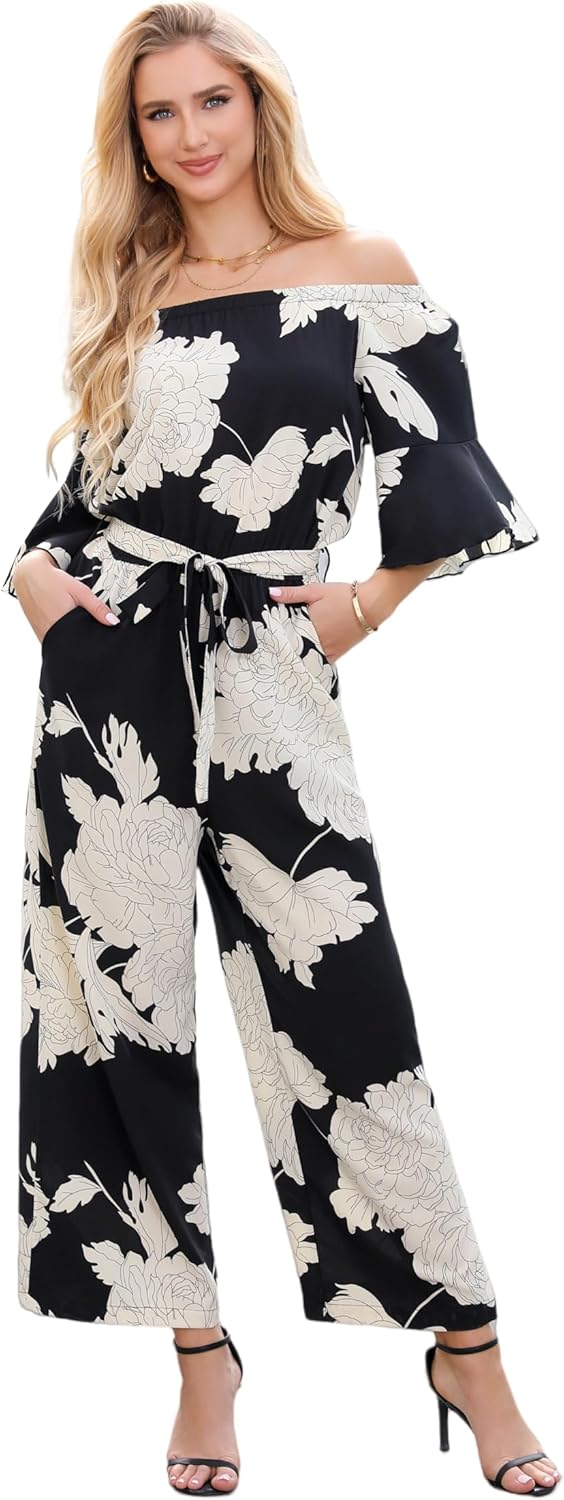Floral Off Shoulder Wide Leg Jumpsuit for Women 2025 Casual Outfit