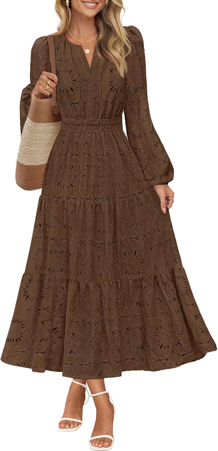 Elegant Women's Floral Maxi Dress with Lace Eyelet Detail