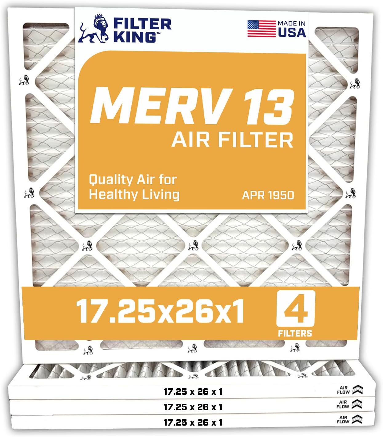 MERV 13 Air Filters 17.25x26x1 - 4-Pack for Home HVAC Systems
