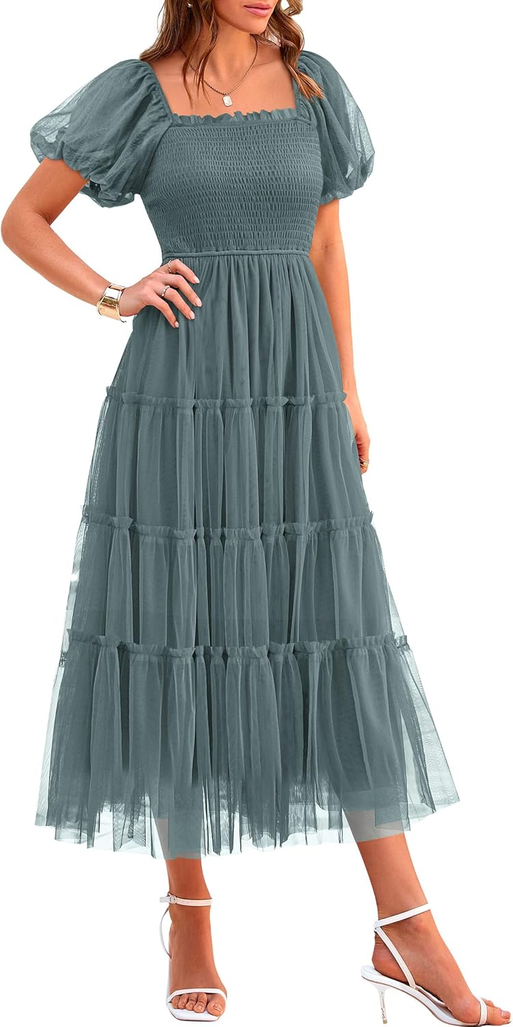 PRETTYGARDEN Women's Smocked Midi Tulle Dress for Summer Fun