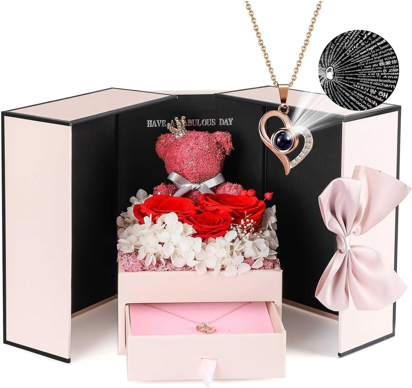 Preserved Real Roses Forever with I Love You Necklace Gift Set