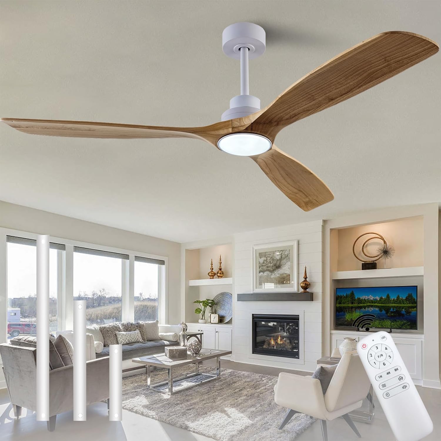 60 in Wood Ceiling Fan with Lights and Remote Control for Home