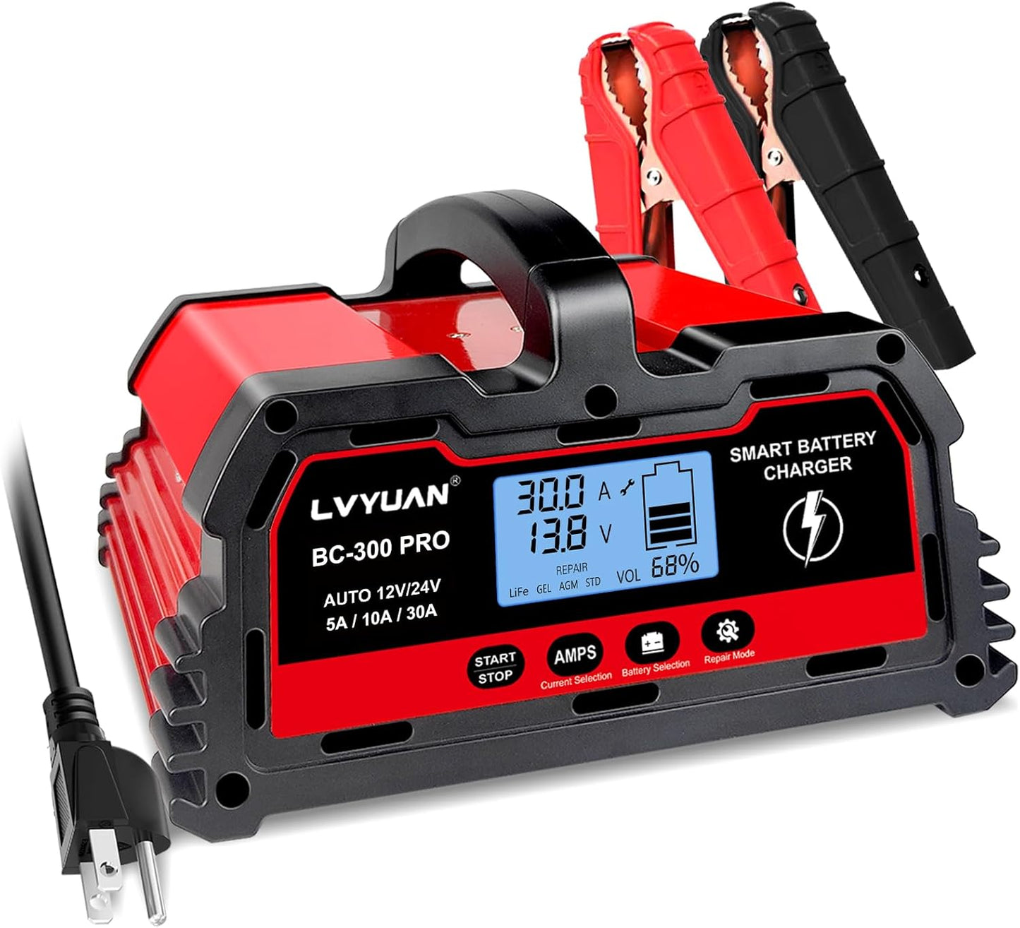 LVYUAN Smart 30A Car Battery Charger - LCD Display, Multi-Battery Support