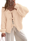 Tie Front Bow Cardigan Sweater - Chunky Knit Puff Sleeve S=US