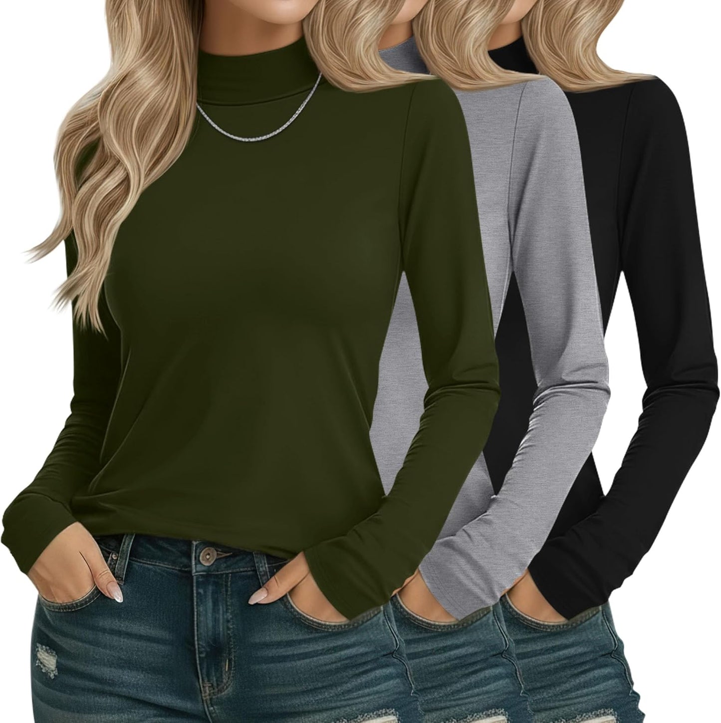 3 Pack Cotton Women's Mock Turtleneck Shirts for Casual Style