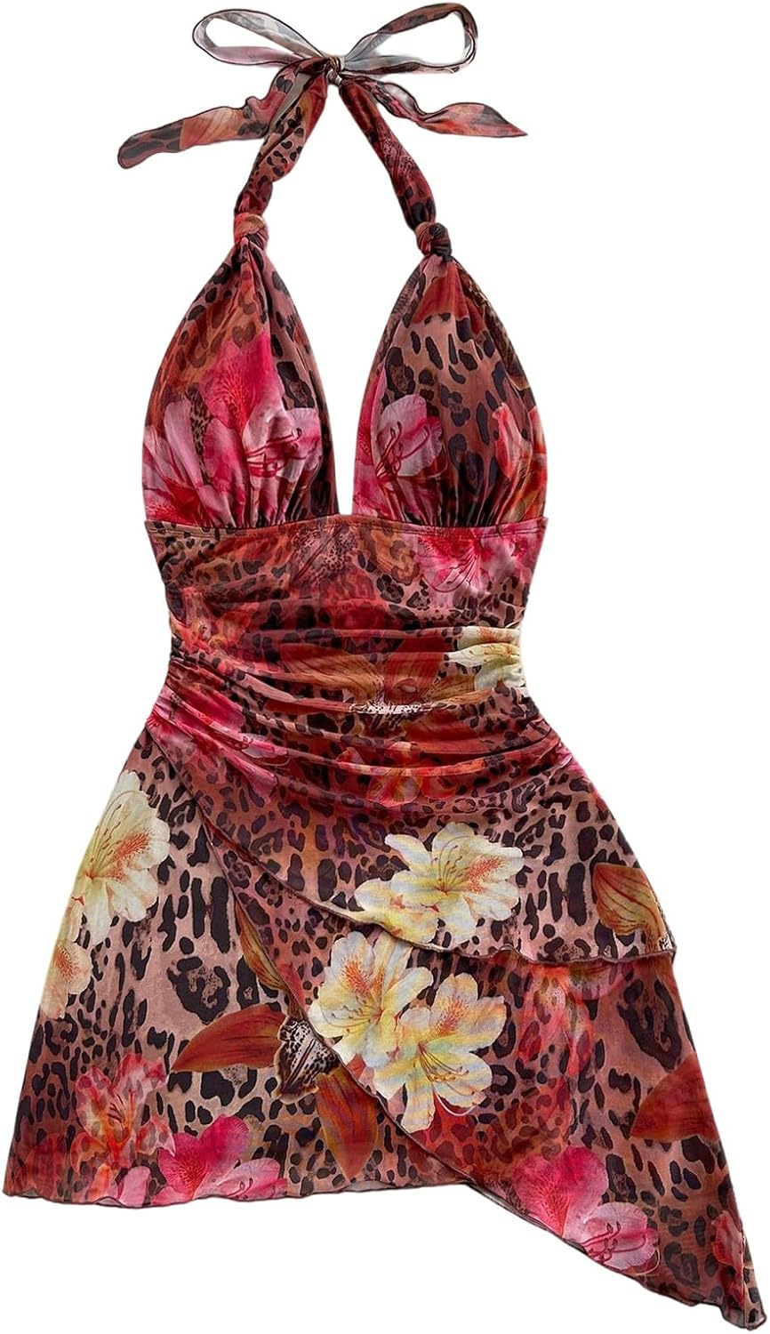 SOLY HUX Women's Sexy Tie Dye Print Halter Mini Dress