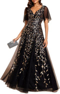 Sequin Sparkly V-Neck A-Line Floor Length Formal Dress - Elegant