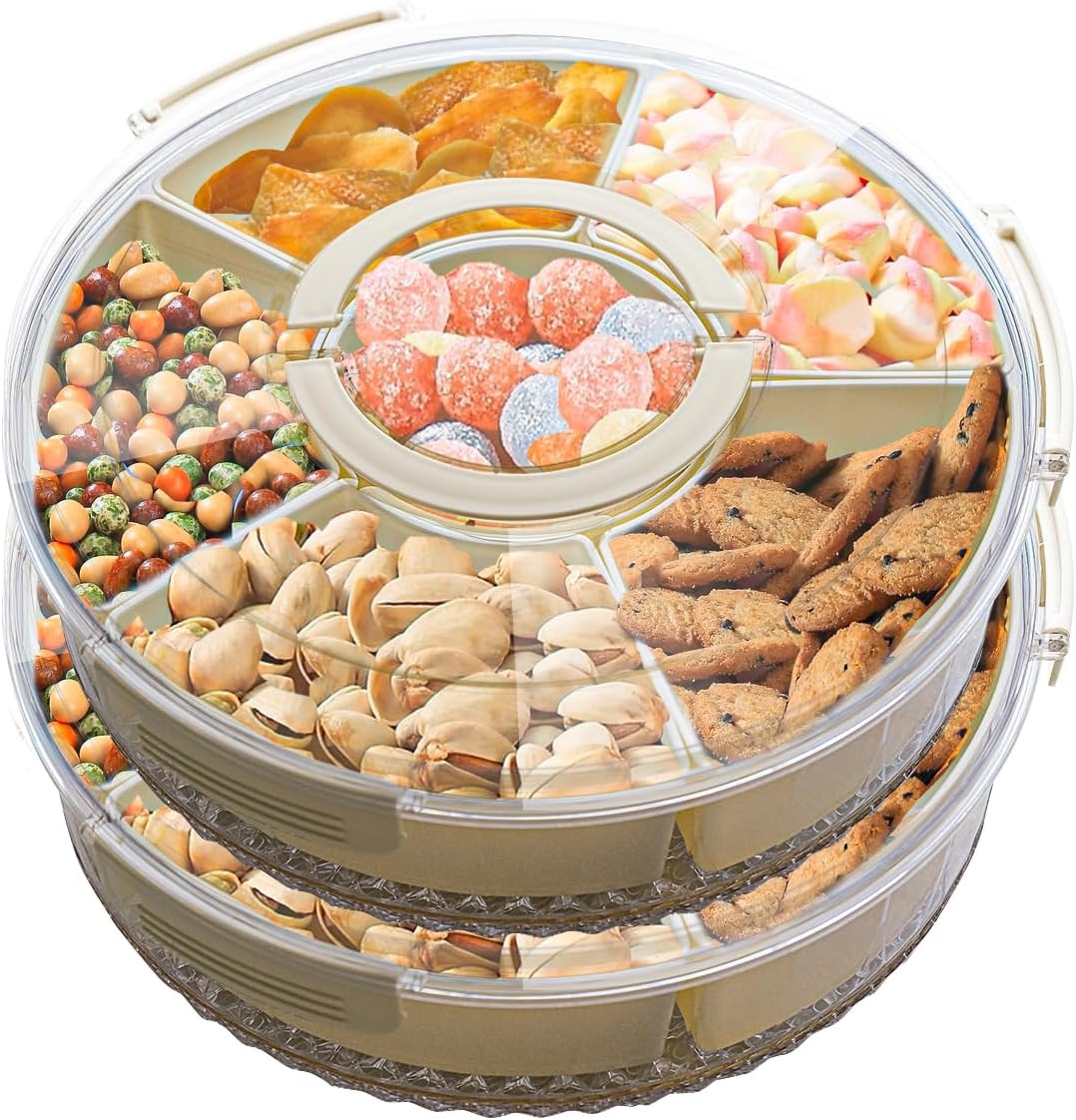 Divided Rotating Serving Tray with Lid for Snacks and Fruits