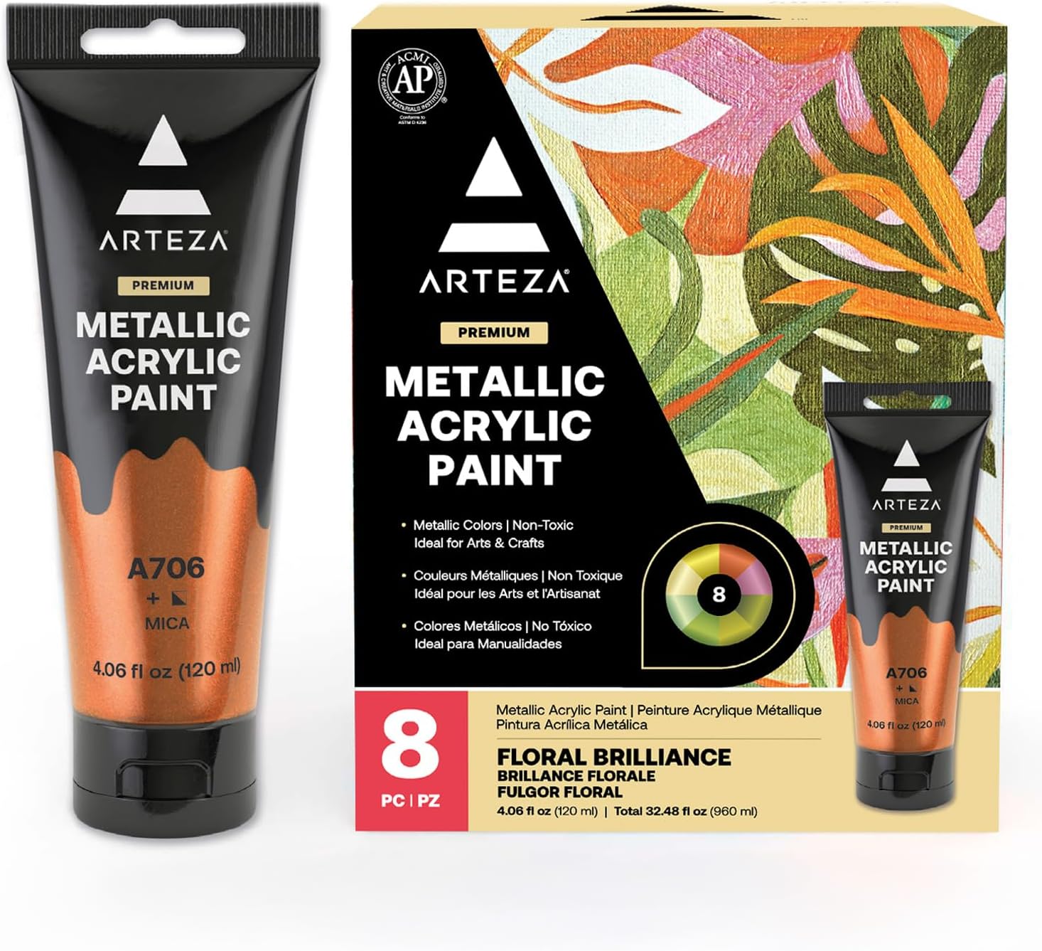 Arteza Metallic Acrylic Paint Set of 8 Rich Pigments for Artists