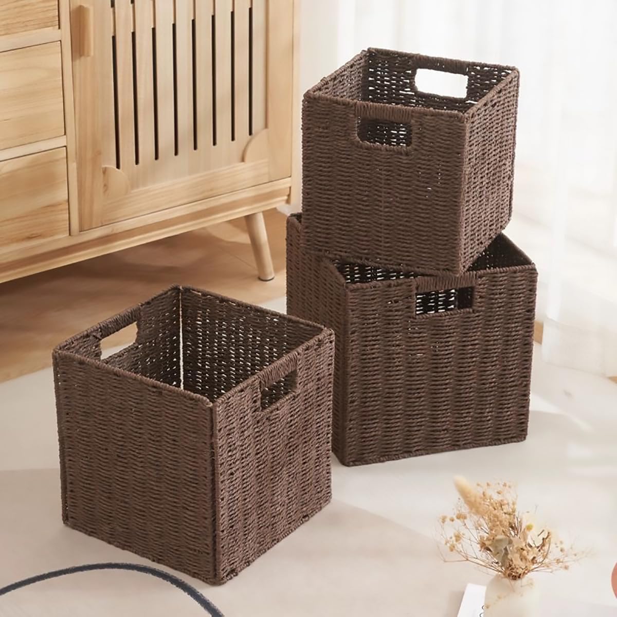 3Pcs Woven Shelf Baskets for Stylish and Organized Storage