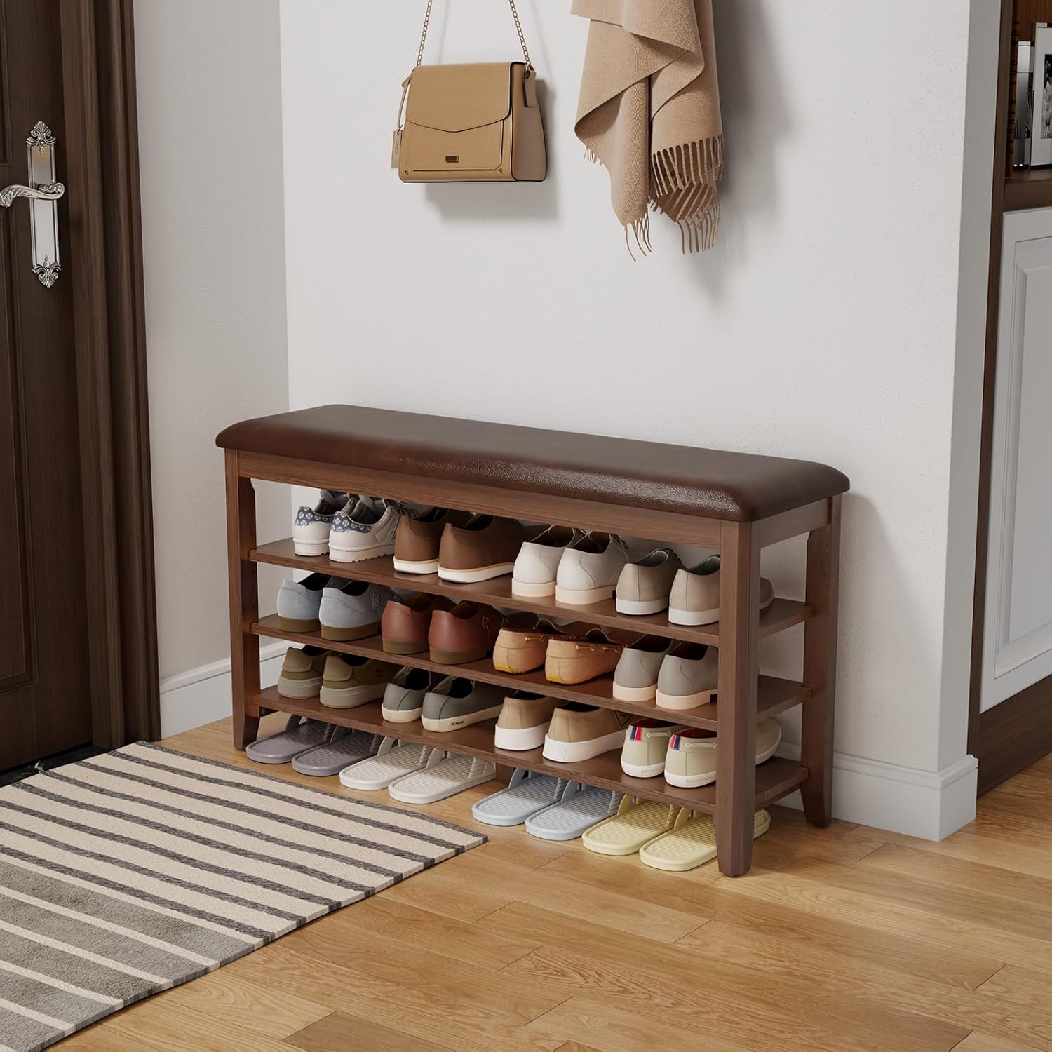 Shoe Bench with Leather Cushion and Adjustable Storage Tiers