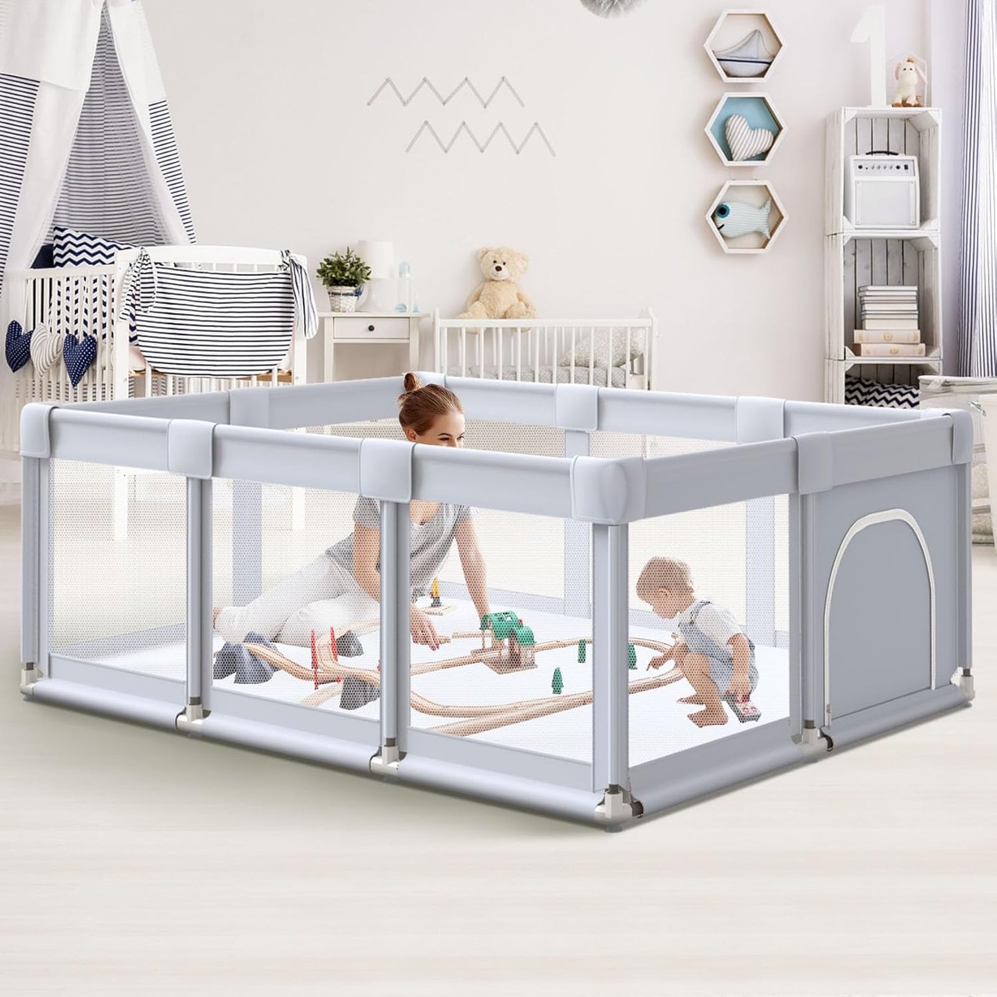 Spacious Baby Playpen with Zipper Gates