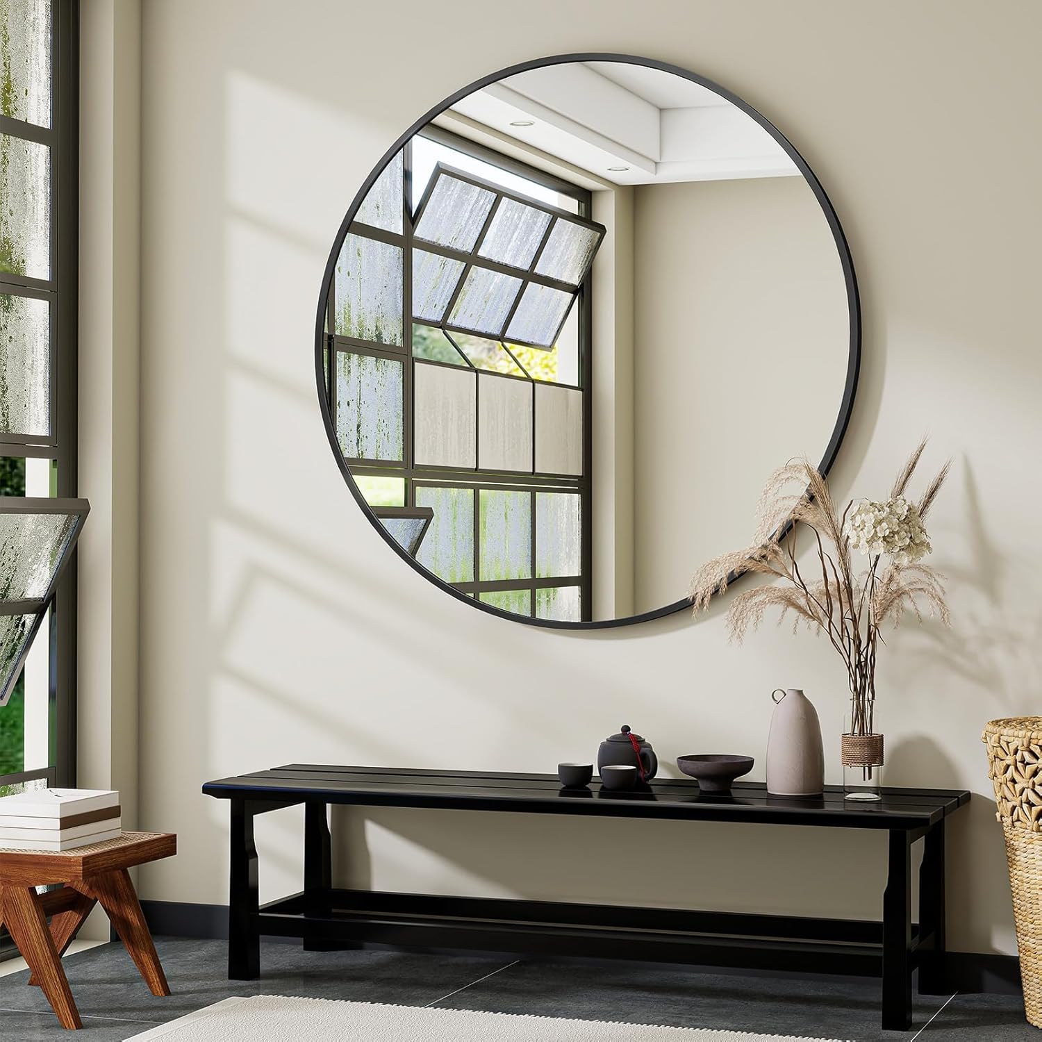 Large Black Round Bathroom Mirror with Modern Metal Frame