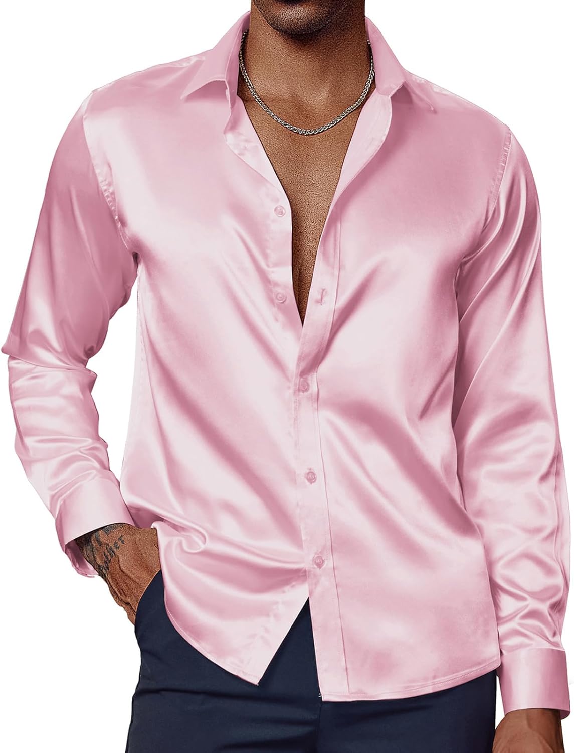 PJ PAUL JONES Men's Shiny Satin Dress Shirt for Any Occasion