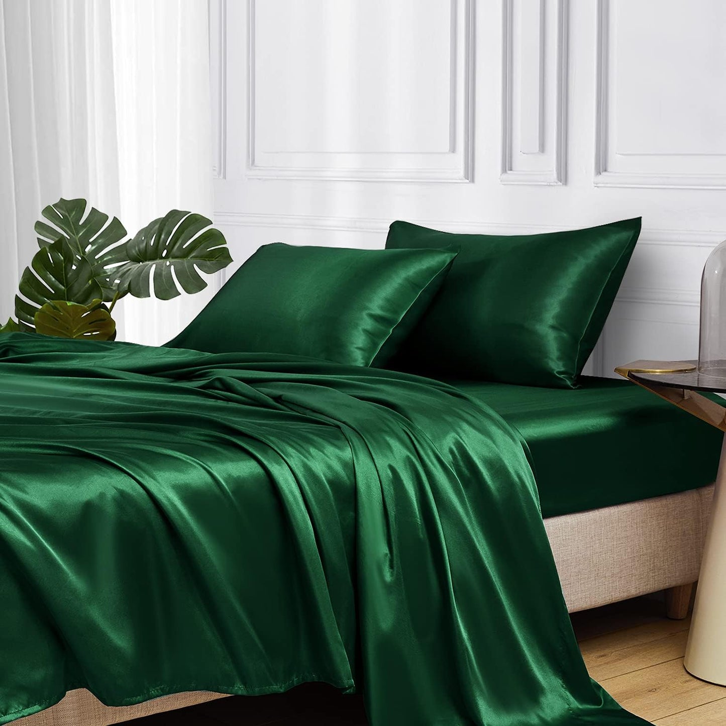 MR&HM Satin Bed Sheets Set for King Size Mattress, Dark Green